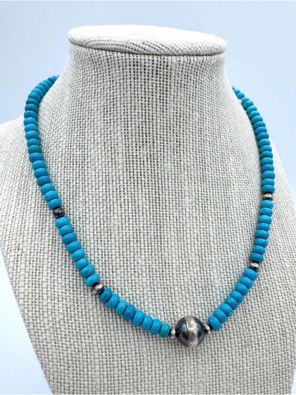 Turquoise + Navajo Pearl Beaded Necklace, Sterling Silver (T26) - Picture 3 of 4